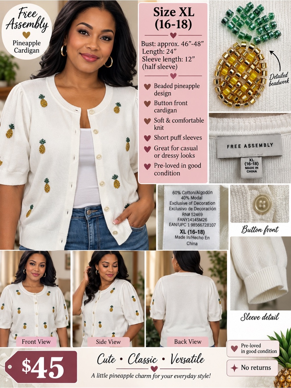 Women's Cream Pineapple Beaded Cardigan - XL